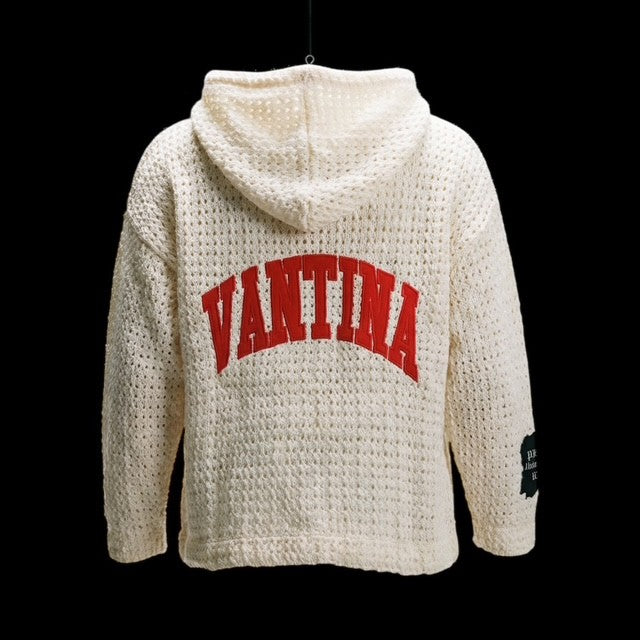 RED LETTER KNIT OVERSIZED CROCHET HOODIE