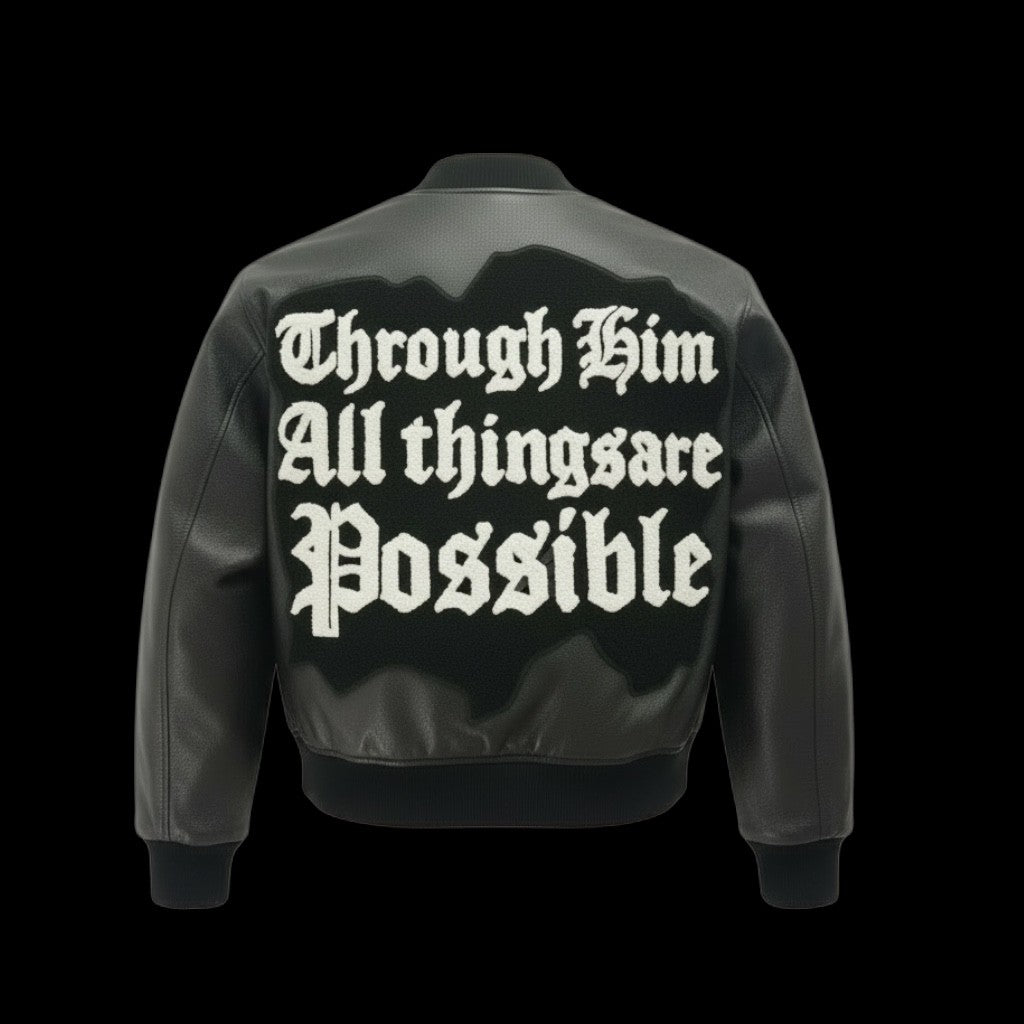 VANTINA "Through Him" PU Leather Varsity Jacket - Black