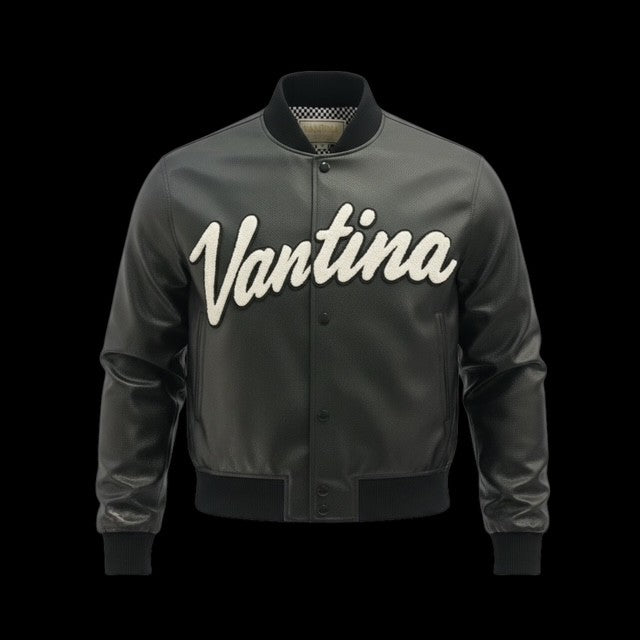 VANTINA "Through Him" PU Leather Varsity Jacket - Black