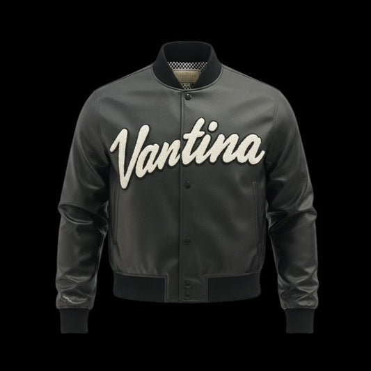 VANTINA "Through Him" PU Leather Varsity Jacket - Black
